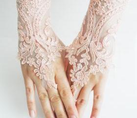 Lace gloves, Soft peach pink Wedding gloves, bridal gloves, fingerless gloves, salmon, pink light, orange gloves
